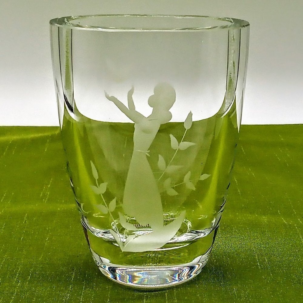 Orrefors Jan Johansson Crystal Etched Bird Girl Oval Vase - Signed